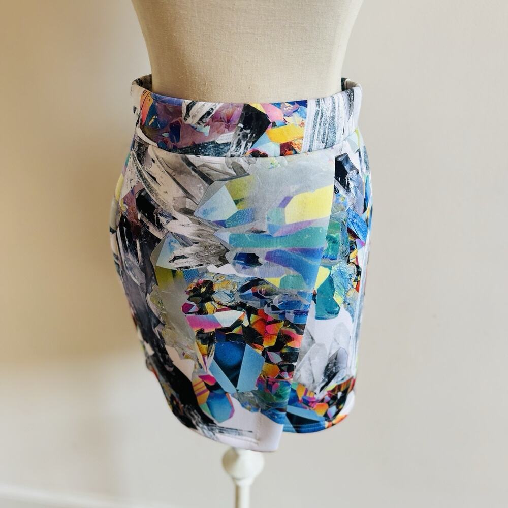 Jaded London Crystal Cyberwave Asymmetrical Skirt Womens M Stretch Abstract UK